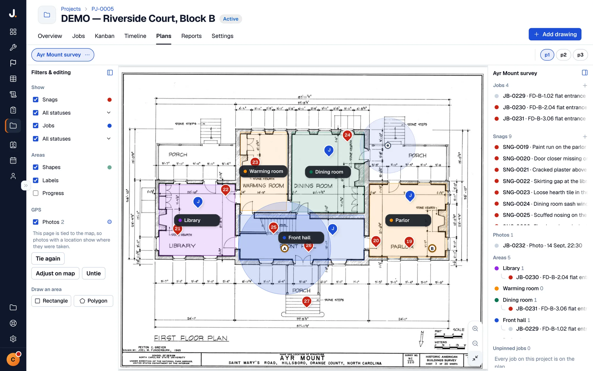 Jobivo project drawing with job and snag pins, named areas, and filters