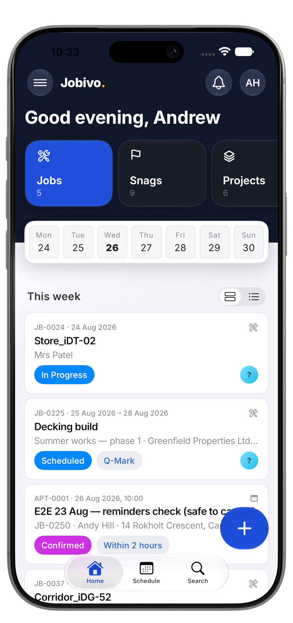 Jobivo mobile dashboard showing jobs, snags and projects
